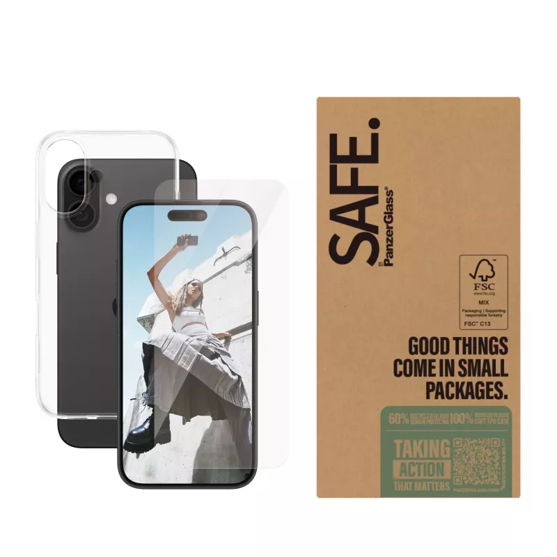 Pack de protectores de pantalla transparentes PanzerGlass SAFE. by ® para iPhone 16 — cristal templado + PET + silicona, transparente, 50 unidades