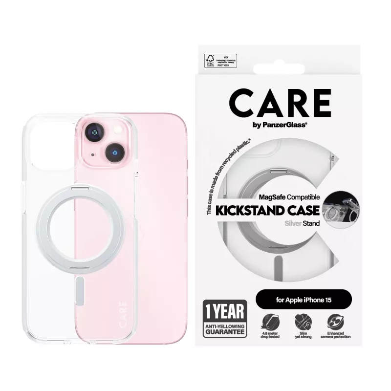 PanzerGlass CARE™ by ® funda transparente con soporte plateado y MagSafe iPhone 15