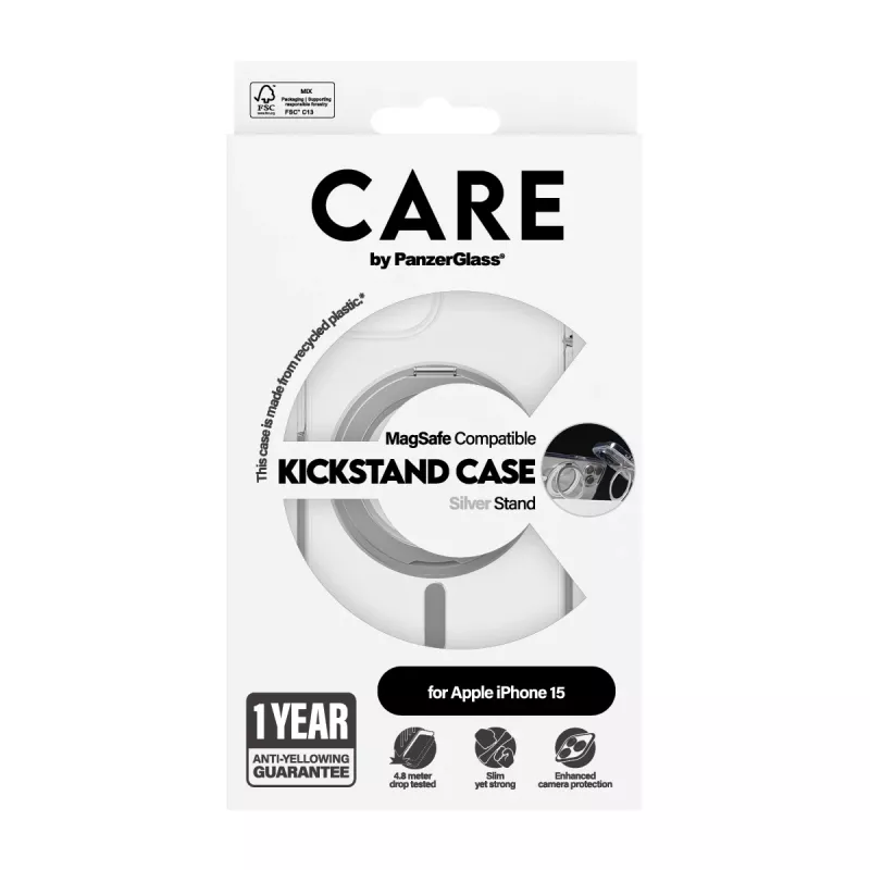 PanzerGlass CARE™ by ® funda transparente con soporte plateado y MagSafe iPhone 15