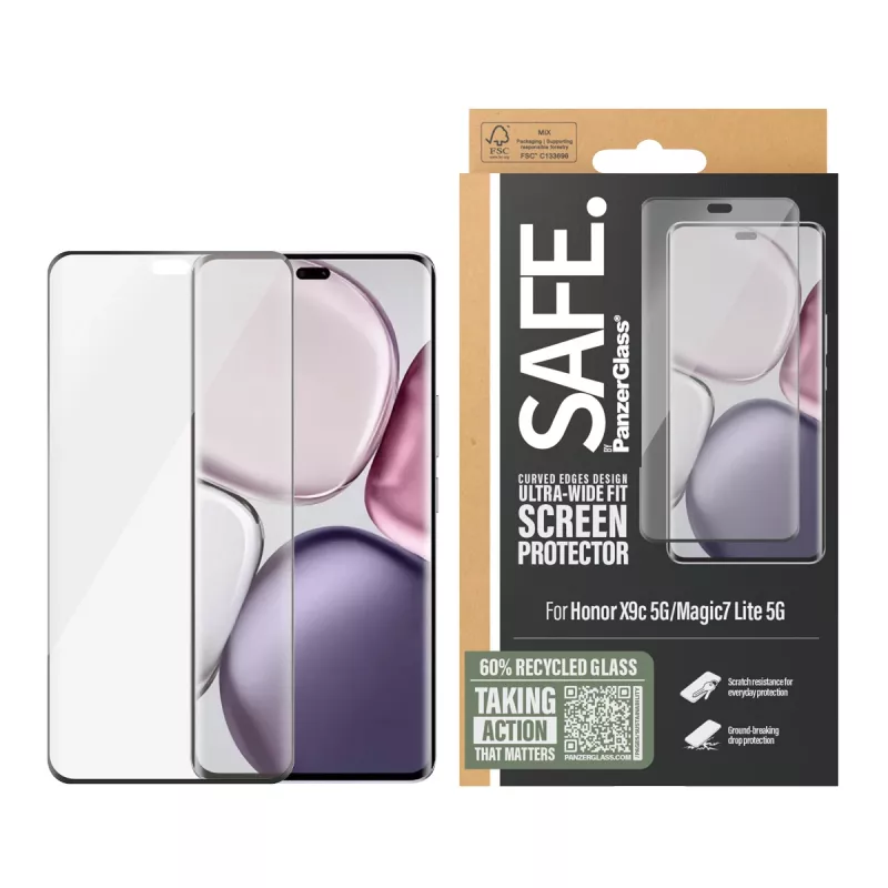 PanzerGlass SAFE. by ® Protector de pantalla con marco negro Honor X9c 5G | Magic7 Lite 5G | Ultra-Wide Fit
