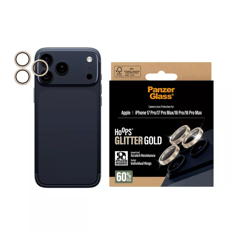 PanzerGlass® Hoops® Protector de objetivo de cámara Glitter Gold iPhone 17 Pro | iPhone 17 Pro Max | iPhone 16 Pro | 16 Pro Max