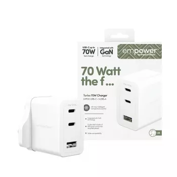 PanzerGlass empower™ by ® Cargador múltiple Turbo 70W con 2 x USB-C + USB-A | Enchufe UK | Blanco plateado