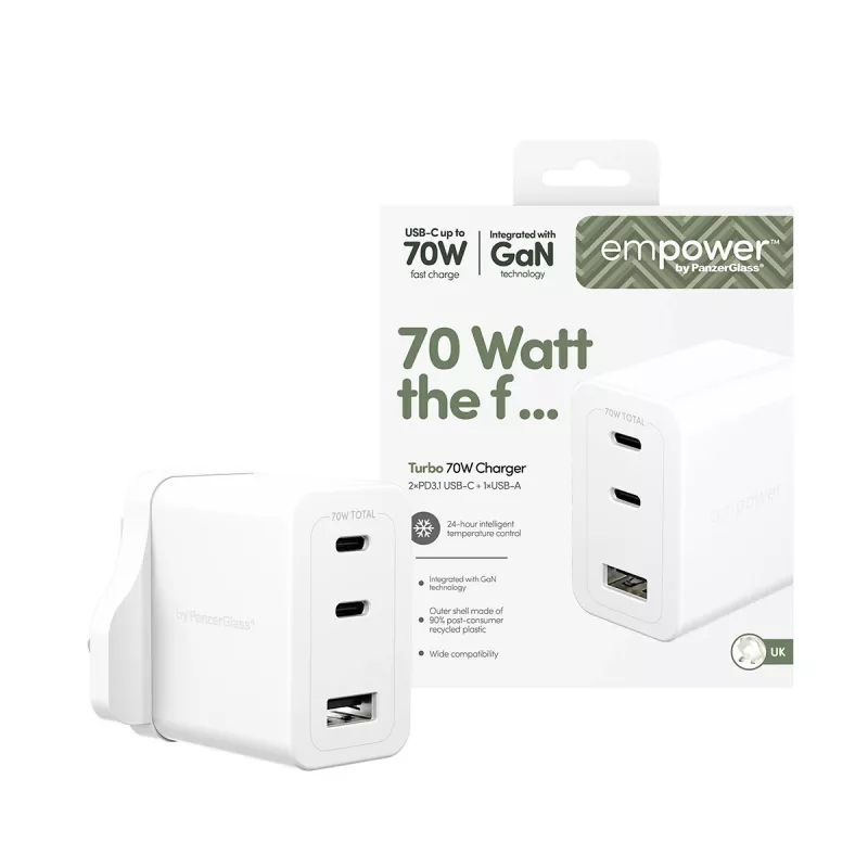 PanzerGlass empower™ by ® Cargador múltiple Turbo 70W con 2 x USB-C + USB-A | Enchufe UK | Blanco plateado