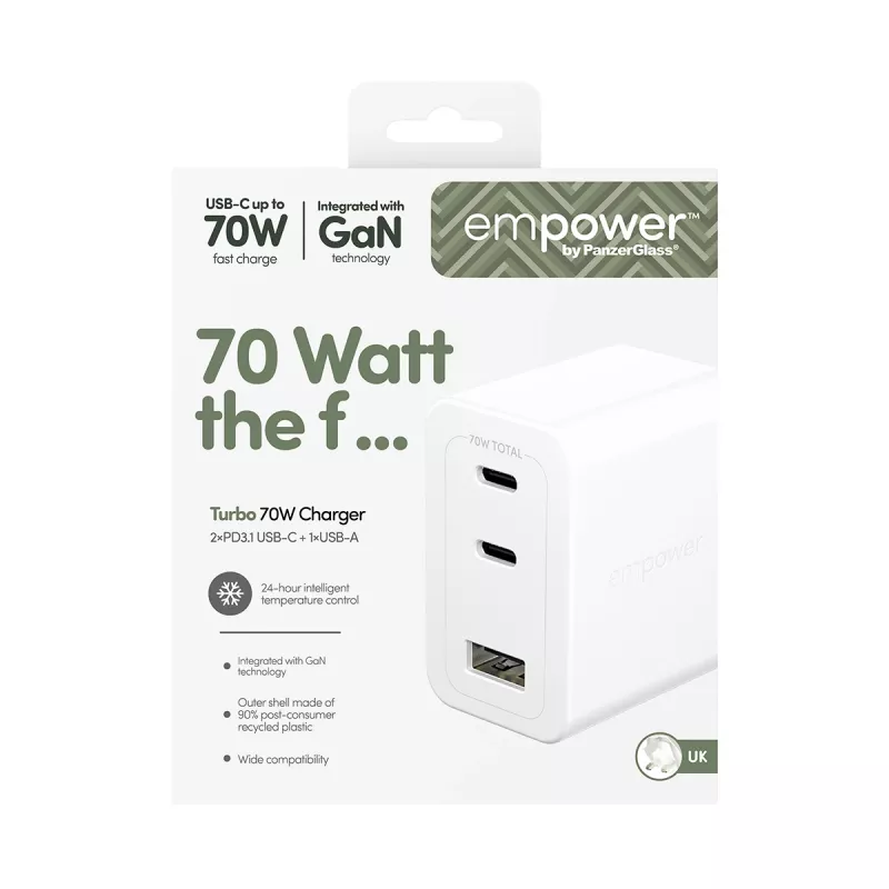 PanzerGlass empower™ by ® Cargador múltiple Turbo 70W con 2 x USB-C + USB-A | Enchufe UK | Blanco plateado