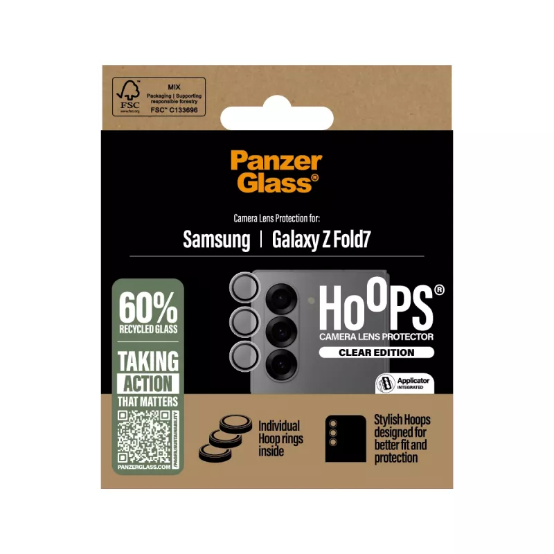 Cristal protector de cámara PanzerGlass Hoops transparente para Samsung Galaxy Z Fold7 (cristal templado, silicona)