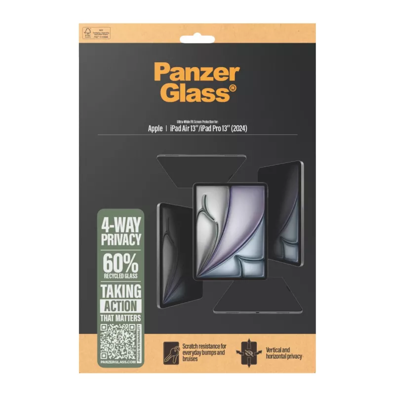 PanzerGlass ® Protector de pantalla con privacidad 4 direcciones iPad Air 13 pulgadas (2024-2025) | iPad 13 pulgadas Pro (2024-2025) | Ultra-Wide Fit