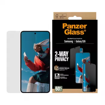 PanzerGlass Protector de pantalla con privacidad 2-Way para Samsung Galaxy S26 — Ultra-Wide Fit, PET + silicona, resistente a arañazos y golpes