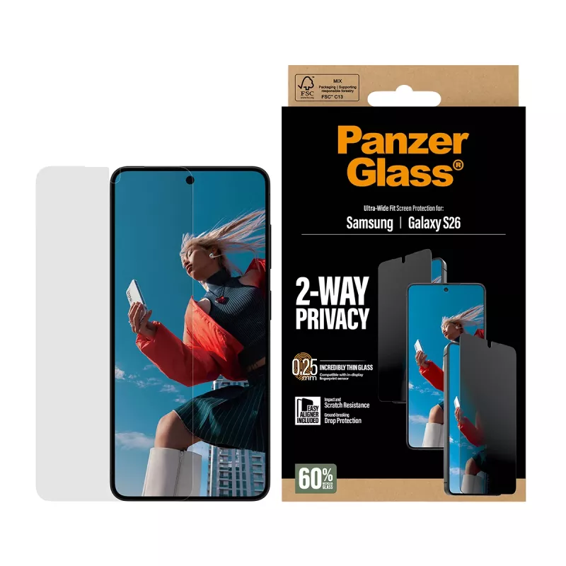 PanzerGlass Protector de pantalla con privacidad 2-Way para Samsung Galaxy S26 — Ultra-Wide Fit, PET + silicona, resistente a arañazos y golpes