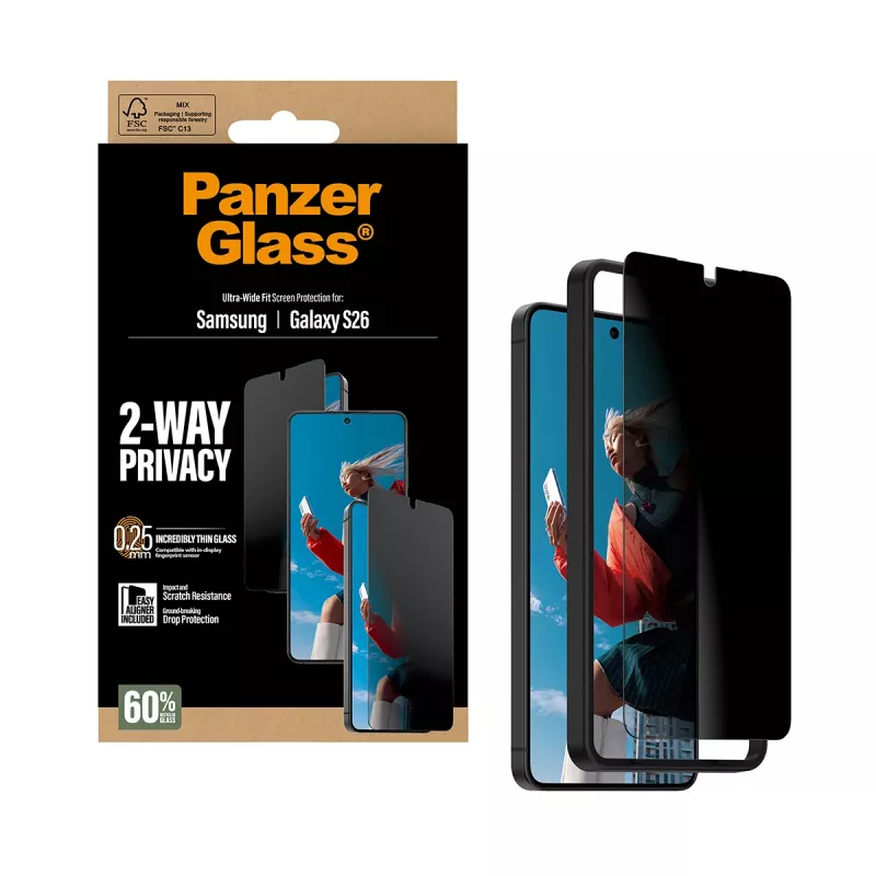 PanzerGlass Protector de pantalla con privacidad 2-Way para Samsung Galaxy S26 — Ultra-Wide Fit, PET + silicona, resistente a arañazos y golpes
