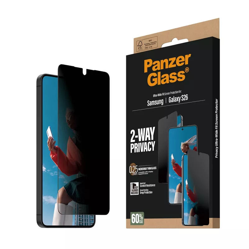 PanzerGlass Protector de pantalla con privacidad 2-Way para Samsung Galaxy S26 — Ultra-Wide Fit, PET + silicona, resistente a arañazos y golpes