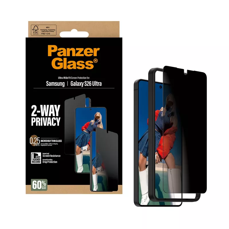 Protector de pantalla PanzerGlass 2-Way Privacy para Samsung Galaxy S26 Ultra — filtro de privacidad PET, EasyAligner, 1 unidad