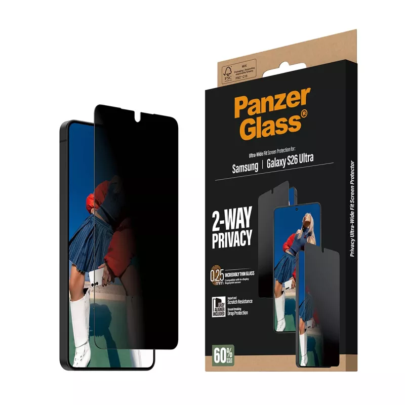Protector de pantalla PanzerGlass 2-Way Privacy para Samsung Galaxy S26 Ultra — filtro de privacidad PET, EasyAligner, 1 unidad