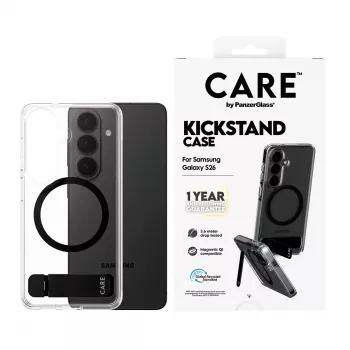 Funda protectora PanzerGlass CARE™ Urban Explorer Case para Samsung Galaxy S26, transparente con soporte negro y compatibilidad Qi