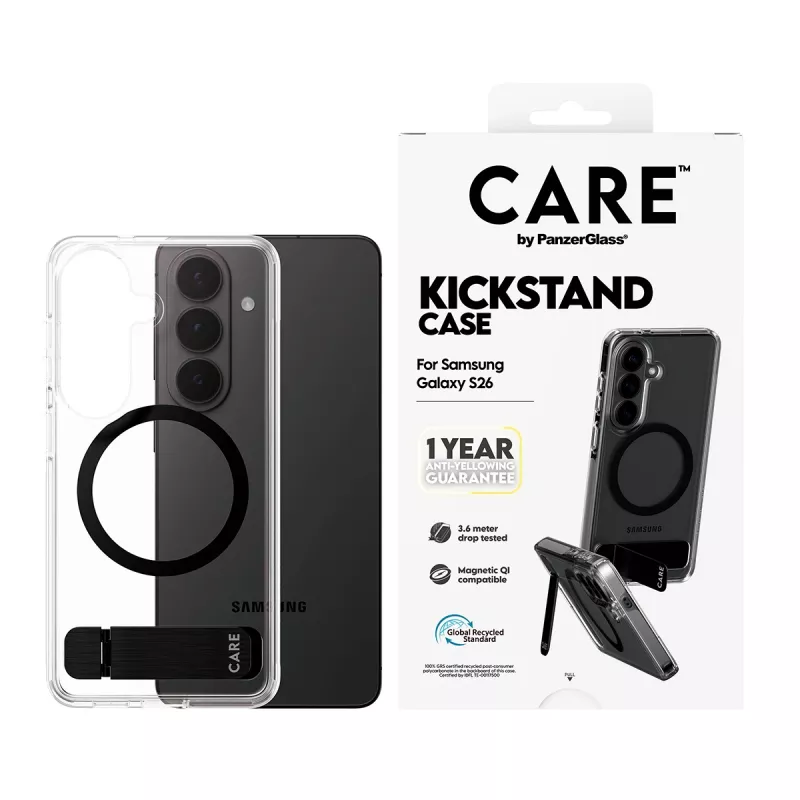Funda protectora PanzerGlass CARE™ Urban Explorer Case para Samsung Galaxy S26, transparente con soporte negro y compatibilidad Qi