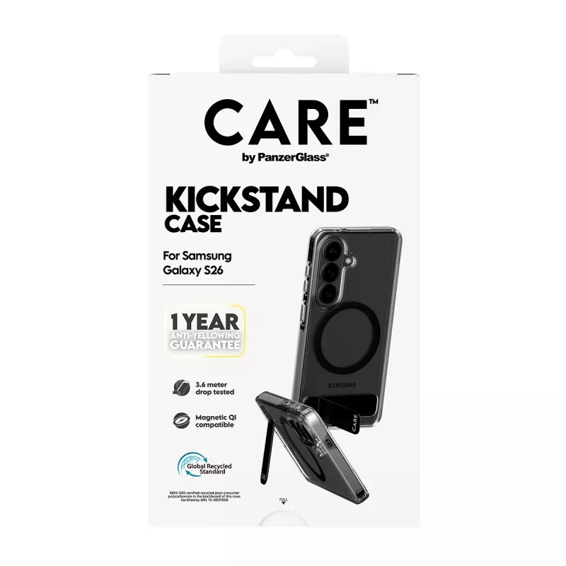 Funda protectora PanzerGlass CARE™ Urban Explorer Case para Samsung Galaxy S26, transparente con soporte negro y compatibilidad Qi