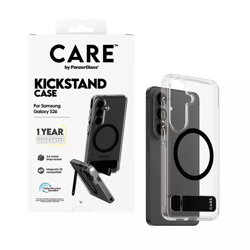 Funda protectora PanzerGlass CARE™ Urban Explorer Case para Samsung Galaxy S26, transparente con soporte negro y compatibilidad Qi