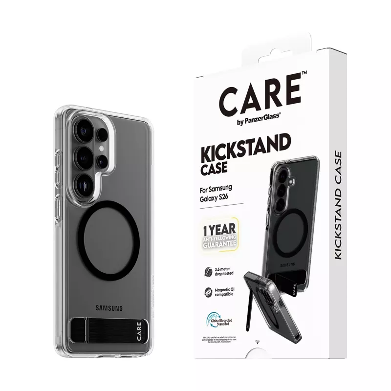 Funda protectora PanzerGlass CARE™ Urban Explorer Case para Samsung Galaxy S26, transparente con soporte negro y compatibilidad Qi