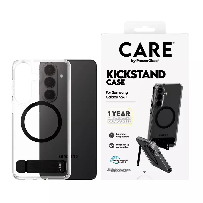 PanzerGlass CARE™ by ® Funda transparente con soporte negro y Qi Samsung Galaxy S26+