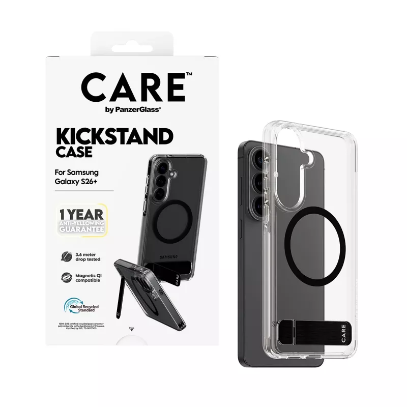 PanzerGlass CARE™ by ® Funda transparente con soporte negro y Qi Samsung Galaxy S26+