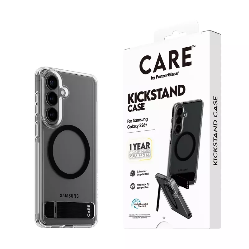 PanzerGlass CARE™ by ® Funda transparente con soporte negro y Qi Samsung Galaxy S26+