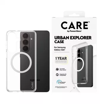Funda protectora PanzerGlass CARE Urban Explorer Case para Samsung Galaxy S26+ — transparente, blanca compatible con Qi