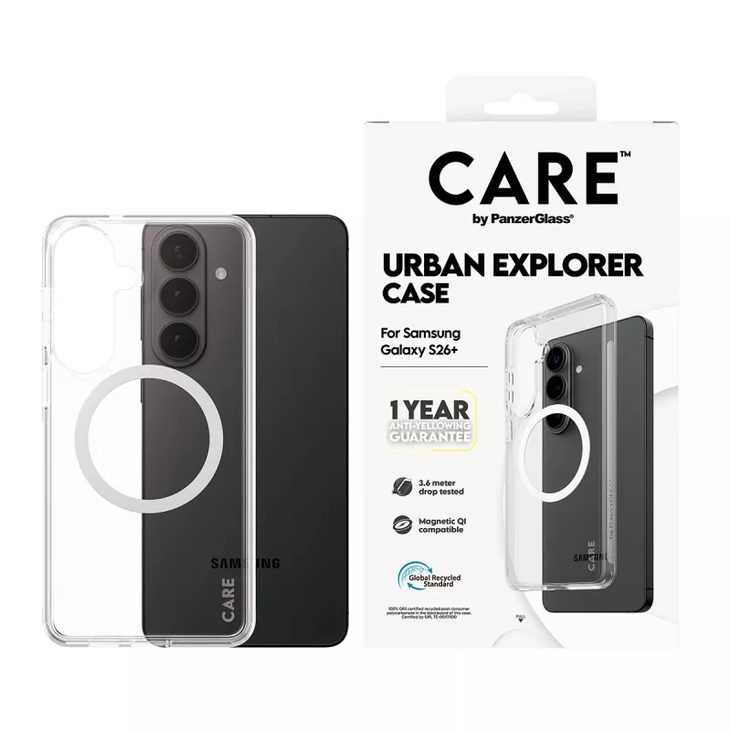 Funda protectora PanzerGlass CARE Urban Explorer Case para Samsung Galaxy S26+ — transparente, blanca compatible con Qi
