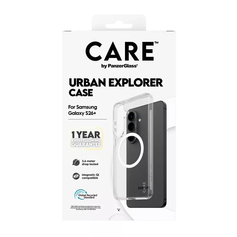 Funda protectora PanzerGlass CARE Urban Explorer Case para Samsung Galaxy S26+ — transparente, blanca compatible con Qi