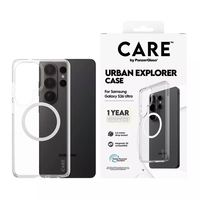 Funda para móvil PanzerGlass CARE™ by Urban Explorer — Funda transparente con Qi blanco para Samsung Galaxy S26 Ultra