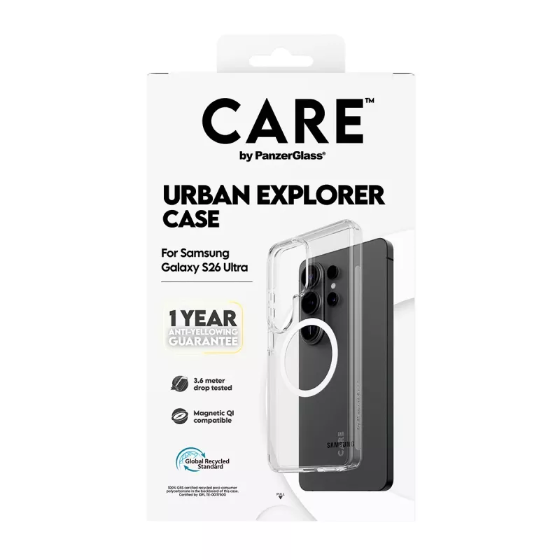 Funda para móvil PanzerGlass CARE™ by Urban Explorer — Funda transparente con Qi blanco para Samsung Galaxy S26 Ultra