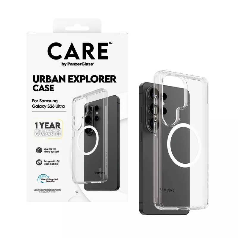 Funda para móvil PanzerGlass CARE™ by Urban Explorer — Funda transparente con Qi blanco para Samsung Galaxy S26 Ultra