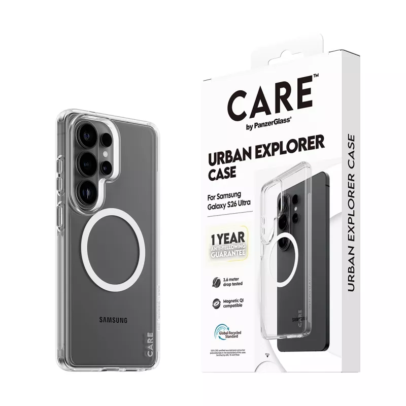 Funda para móvil PanzerGlass CARE™ by Urban Explorer — Funda transparente con Qi blanco para Samsung Galaxy S26 Ultra