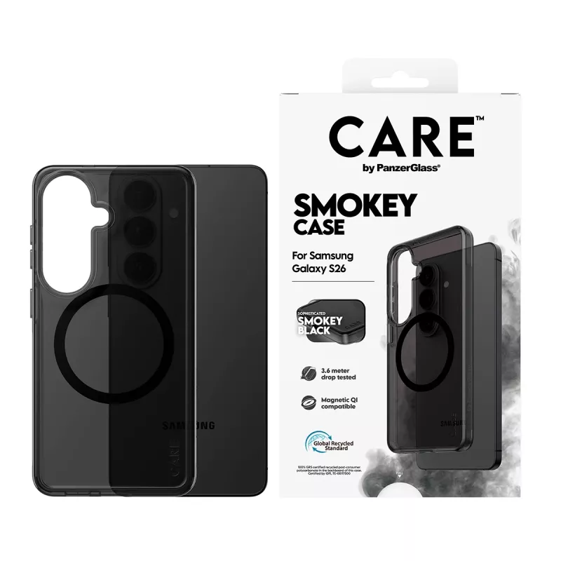 Funda protectora PanzerGlass CARE™ Smokey Case con Qi negro para Samsung Galaxy S26