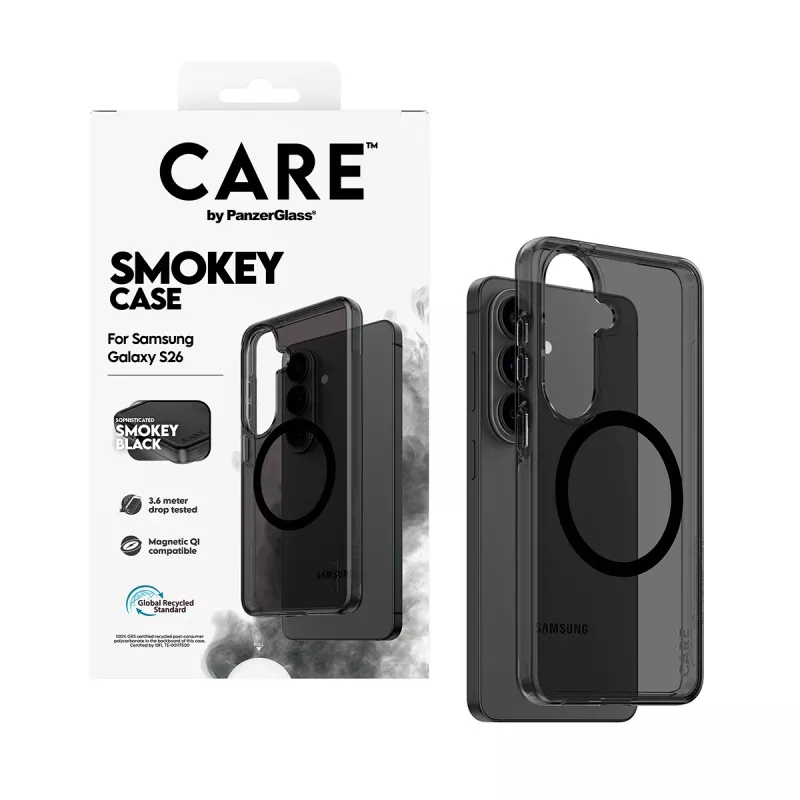 Funda protectora PanzerGlass CARE™ Smokey Case con Qi negro para Samsung Galaxy S26