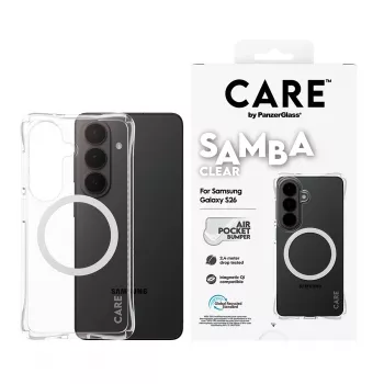 Funda protectora PanzerGlass CARE Samba transparente con Qi blanco para Samsung Galaxy S26