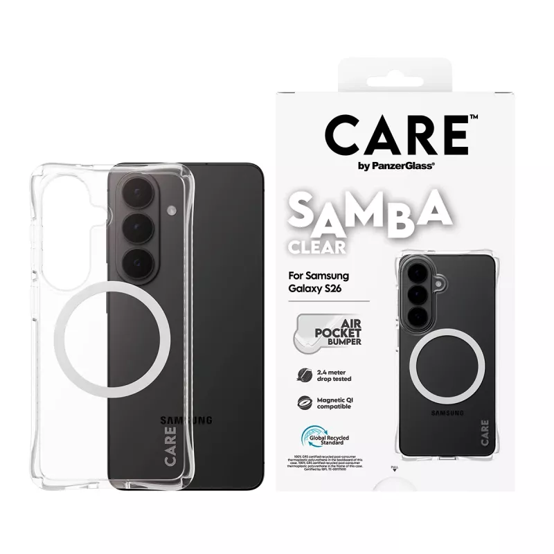 Funda protectora PanzerGlass CARE Samba transparente con Qi blanco para Samsung Galaxy S26