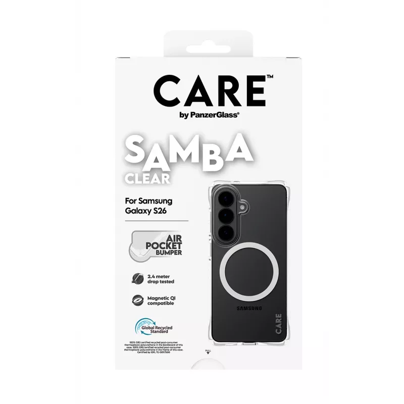 Funda protectora PanzerGlass CARE Samba transparente con Qi blanco para Samsung Galaxy S26