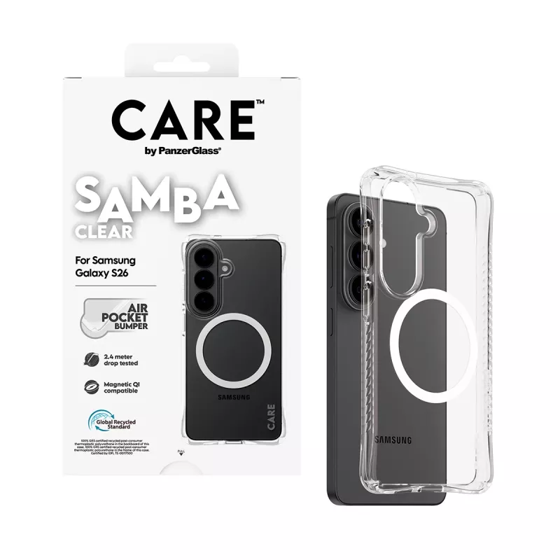 Funda protectora PanzerGlass CARE Samba transparente con Qi blanco para Samsung Galaxy S26