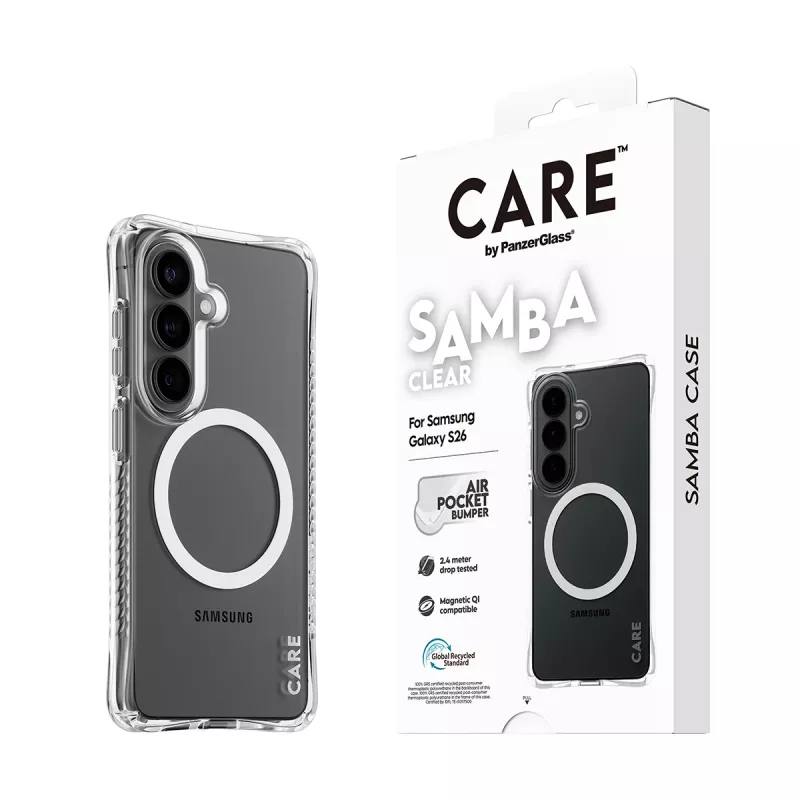 Funda protectora PanzerGlass CARE Samba transparente con Qi blanco para Samsung Galaxy S26