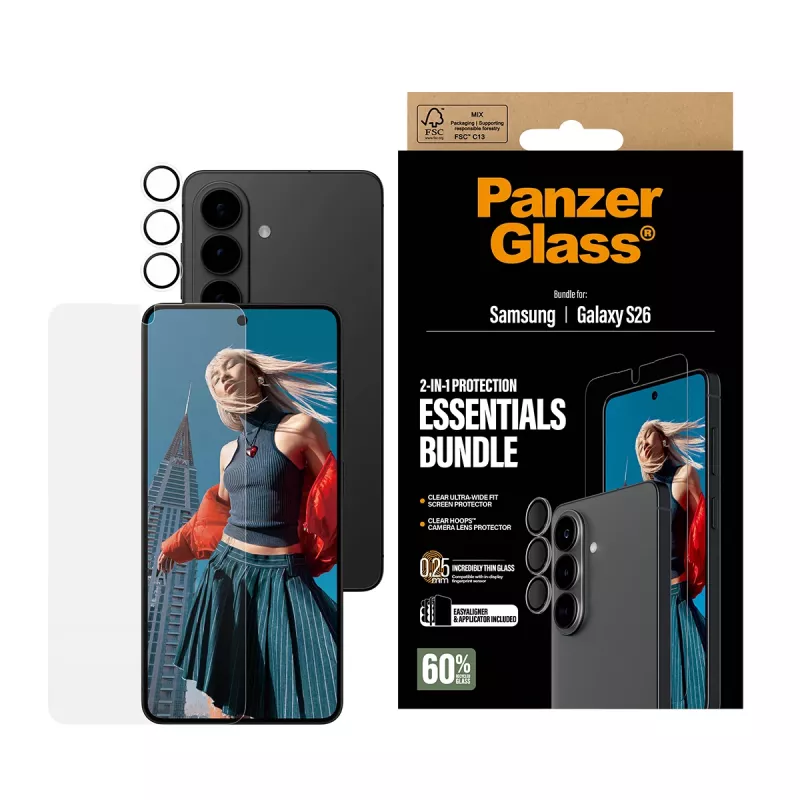 Pack de protección de pantalla PanzerGlass para Samsung Galaxy S26 — Hoops 2 en 1 Ultra-Wide Fit, cristal templado + capas de PET/silicona