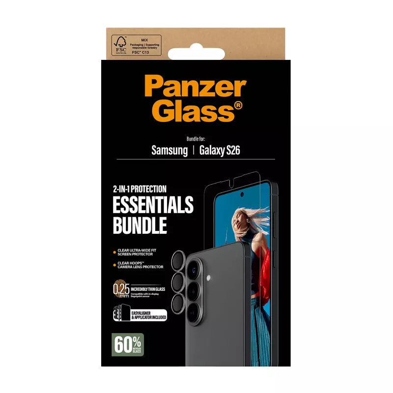 Pack de protección de pantalla PanzerGlass para Samsung Galaxy S26 — Hoops 2 en 1 Ultra-Wide Fit, cristal templado + capas de PET/silicona