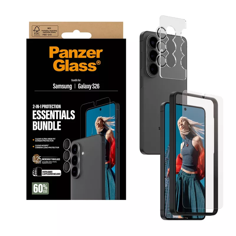 Pack de protección de pantalla PanzerGlass para Samsung Galaxy S26 — Hoops 2 en 1 Ultra-Wide Fit, cristal templado + capas de PET/silicona