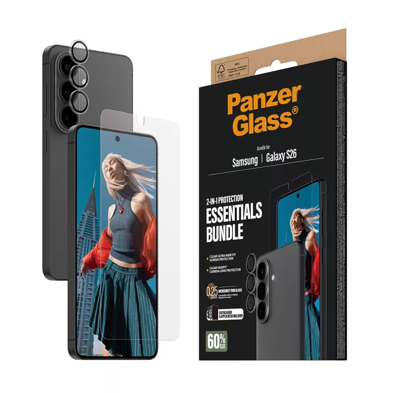 Pack de protección de pantalla PanzerGlass para Samsung Galaxy S26 — Hoops 2 en 1 Ultra-Wide Fit, cristal templado + capas de PET/silicona