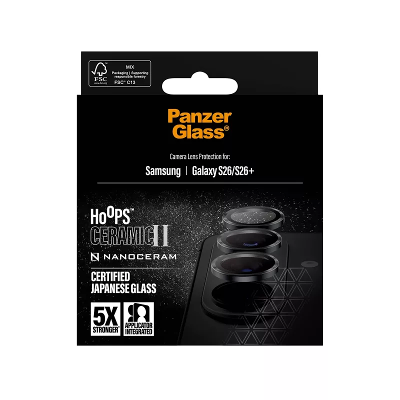 Protector de objetivo de cámara PanzerGlass Hoops Ceramic II para Samsung Galaxy S26 / S26+, cristal templado, silicona, transparente