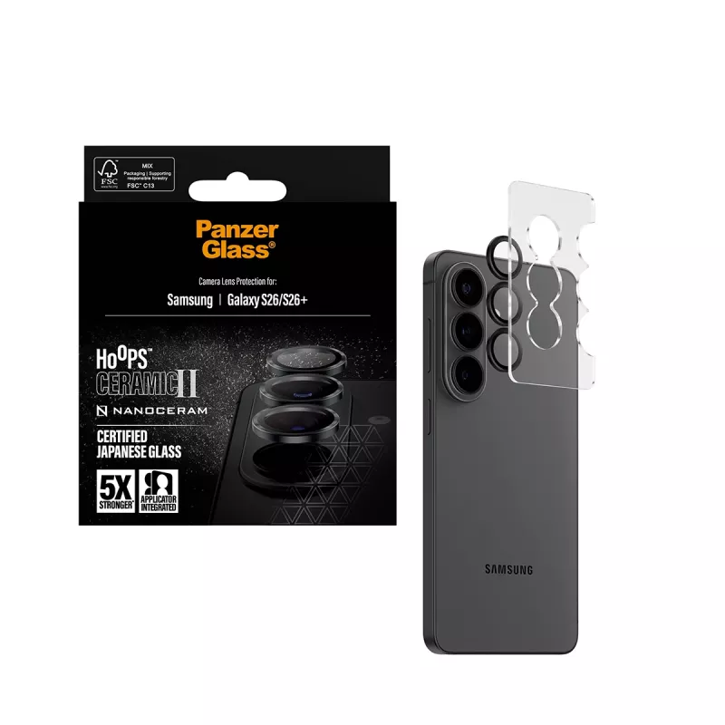 Protector de objetivo de cámara PanzerGlass Hoops Ceramic II para Samsung Galaxy S26 / S26+, cristal templado, silicona, transparente