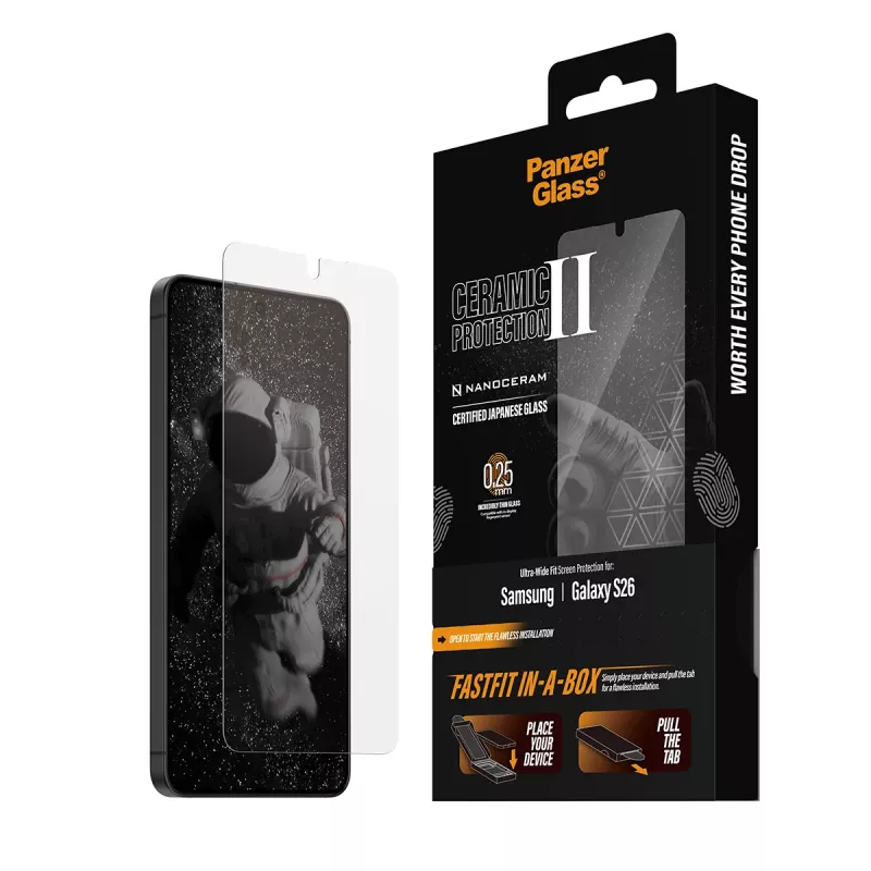 Protector de pantalla PanzerGlass para Samsung Galaxy S26 — cristal templado cerámico, Ultra-Wide Fit, FASTFIT, transparente
