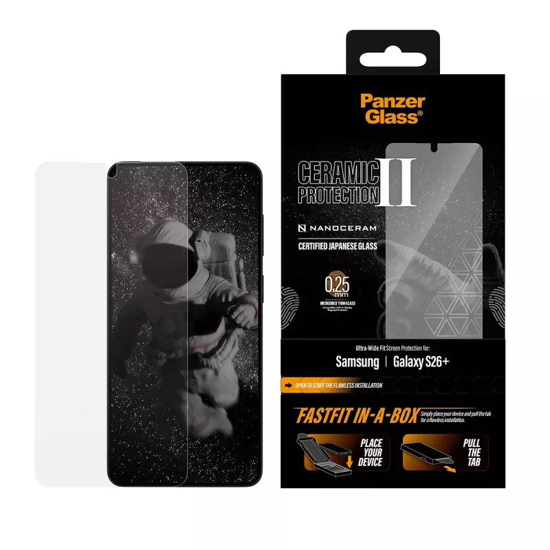Protector de pantalla PanzerGlass para Samsung Galaxy S26+ — Ceramic Ultra-Wide Fit, cristal templado PET, FASTFIT