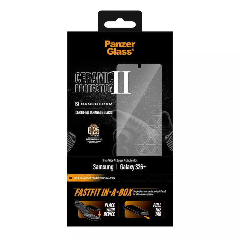 Protector de pantalla PanzerGlass para Samsung Galaxy S26+ — Ceramic Ultra-Wide Fit, cristal templado PET, FASTFIT