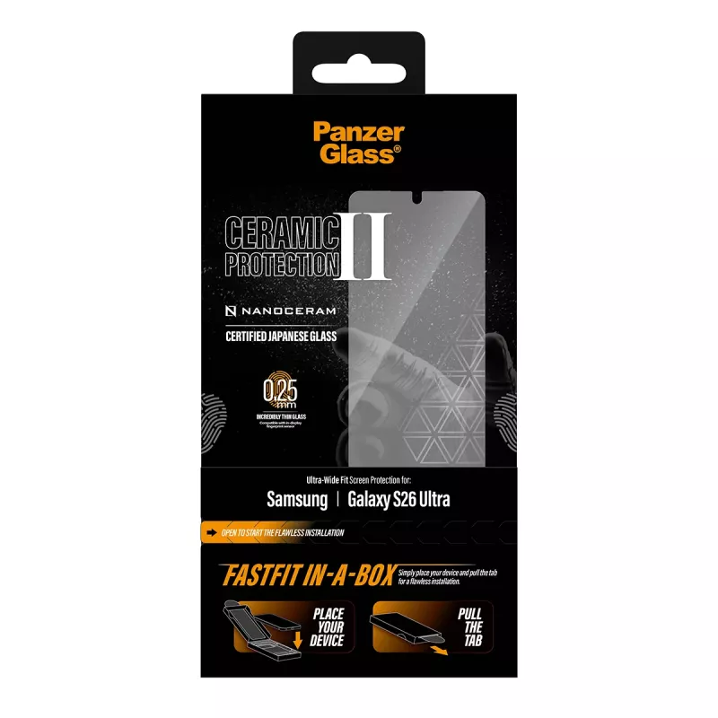 Protector de pantalla PanzerGlass para Samsung Galaxy S26 Ultra — cristal templado cerámico, Ultra-Wide Fit, FASTFIT IN-A-BOX