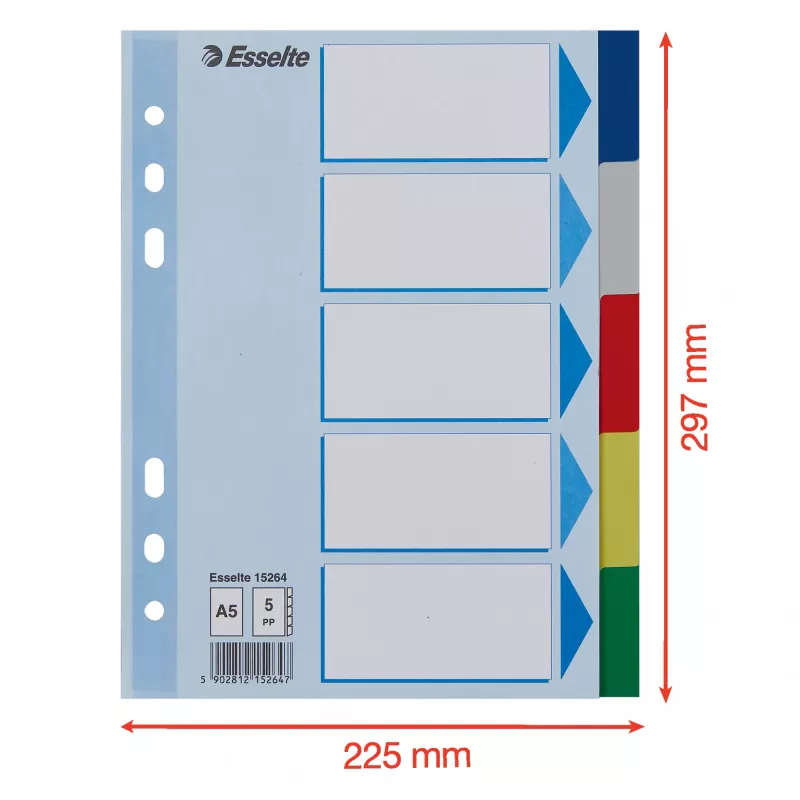 Pestañas de registro ESSELTE 5 piezas A5 polipropileno de colores, para archivar e indexar