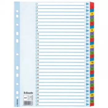 Esselte índice 1-31 cartón lengüetas Mylar A4, índice de pestañas numérico, cartón, multicolor, A4, 225 mm, 297 mm